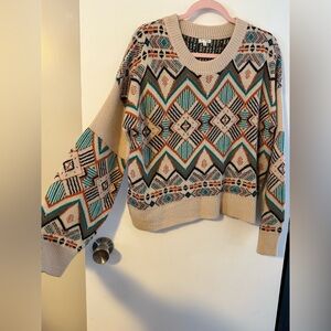 Aztec Patterned Crew Neck Sweater - Beige and Teal